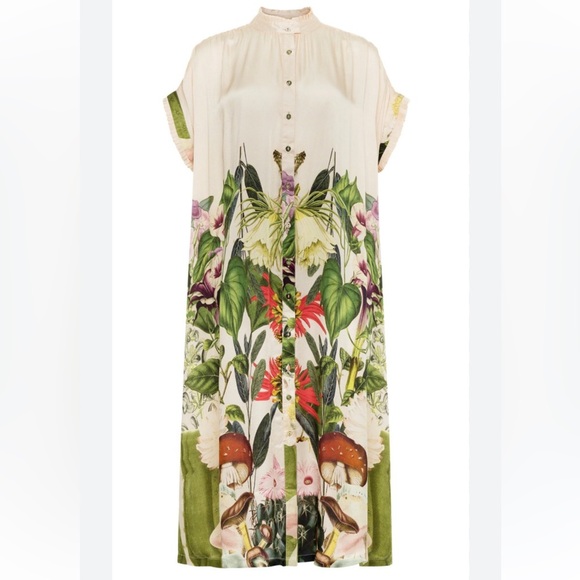 Carolina K Valerie Medicinal Plants Silky Satin Caftan MIDI Dress OVERSIZED XS - Picture 1 of 10
